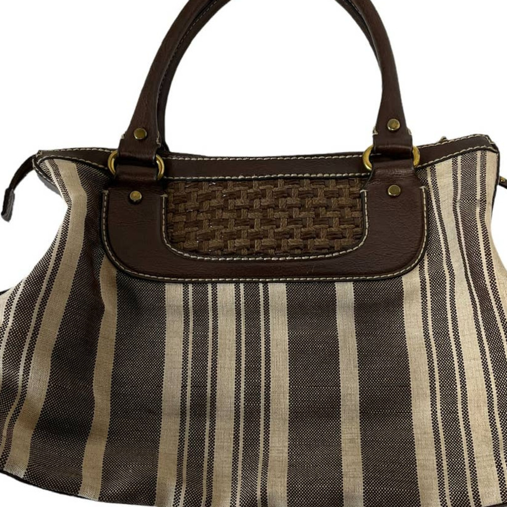Fossil Large Canvas Brown Vegan Striped Tote Handbag Purse - Picture 2 of 7